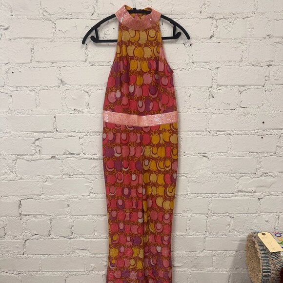 SS23 MOSCHINO Couture Jeremy Scott 60s Halter Chains Print Slim Fit Jumpsuit - Picture 2 of 7